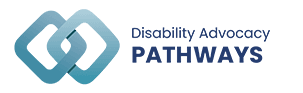 Two rounded diamond shapes in shades of teal linked together in the middle with the words "Disability Advocacy Pathways" to the right