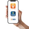 A hand holding a mobile phone with emergency app icons on it