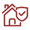 Red outline of a house with a shield featuring a checkmark to symbolise home security and protection.